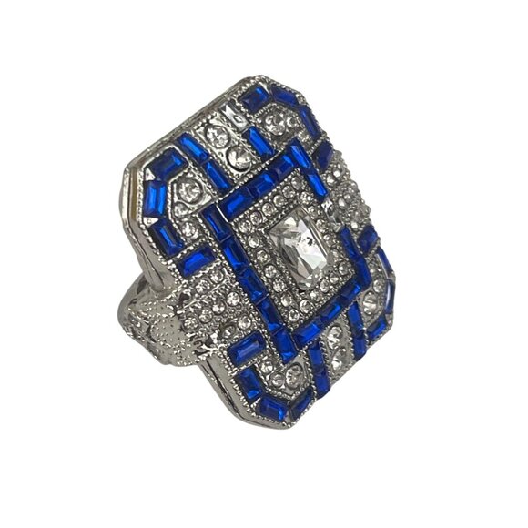 Art Deco Style Silver & Blue Statement Ring With Crystal Accents - Picture 10 of 11